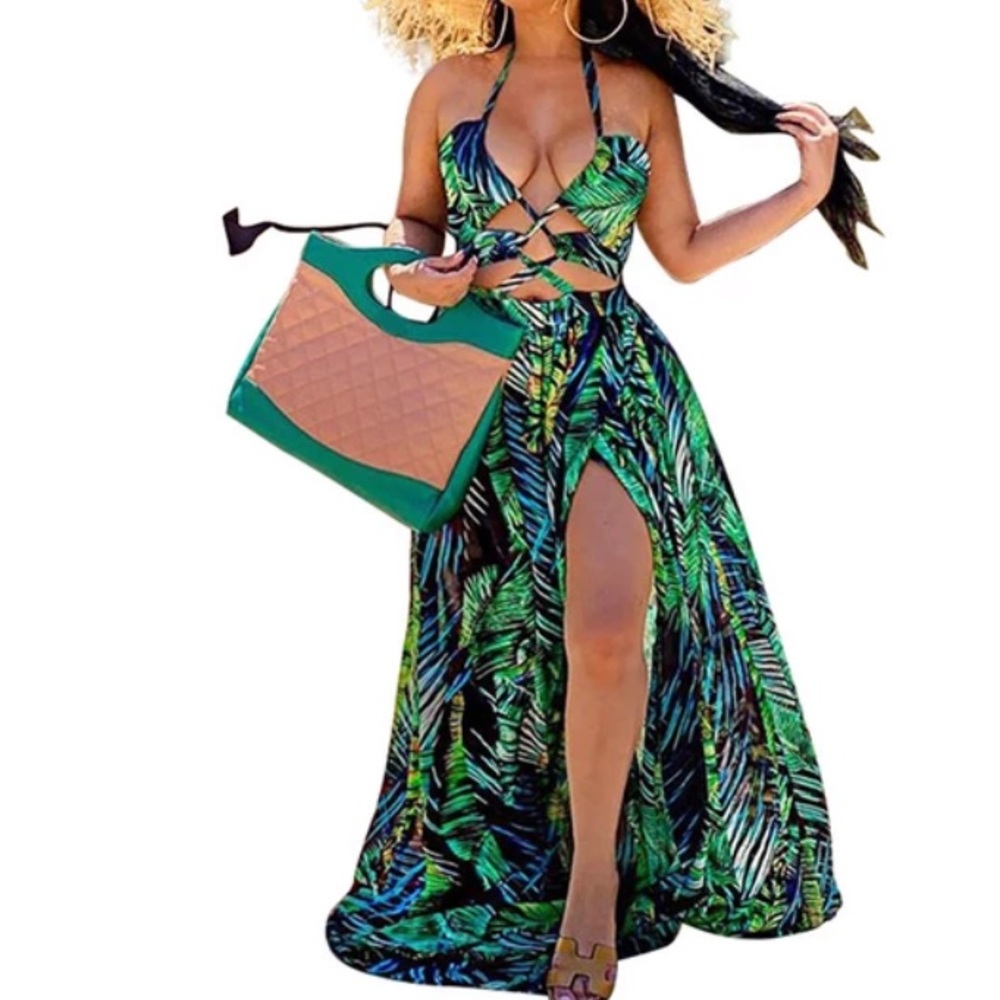 Bohemian Palm Leaf Maxi Dress Sexy High Split!